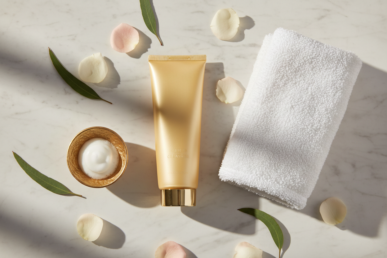 Nettoyant visage tube doré - lifestyle flat lay