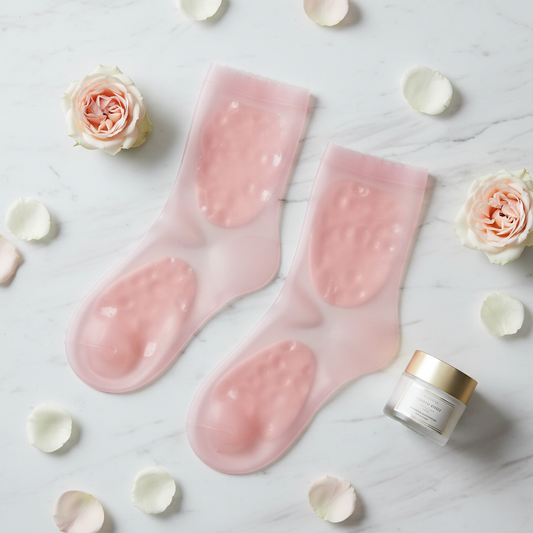 Paire de chaussettes en silicone rose hydratantes sur marbre blanc